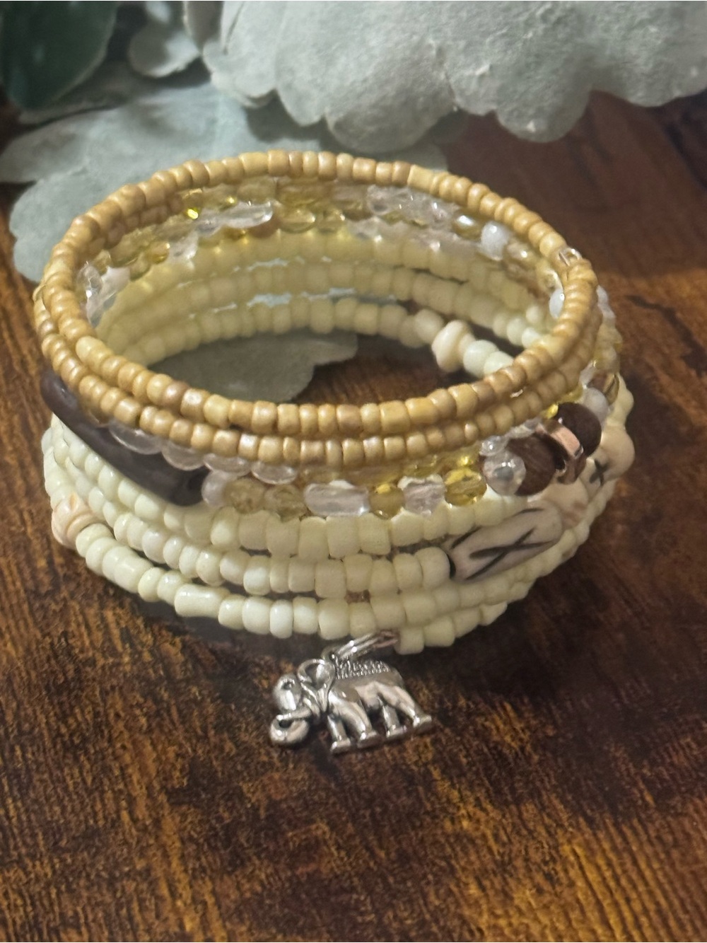 Artisan Cream and Gold Beaded Wrap Bracelet with Elephant Charm